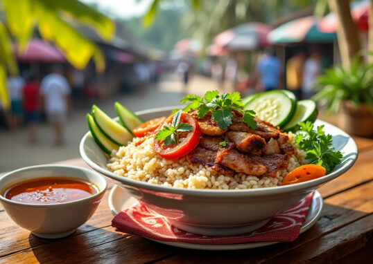 découvrez le cơm tấm, le célèbre riz brisé du sud-vietnam, symbole de la gastronomie locale. savourez ce plat authentique aux saveurs exquises, accompagné de viandes grillées et de légumes frais, pour une expérience culinaire inoubliable.